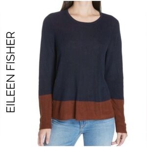 EILEEN FISHER Colorblock Sweater Midnight Blue Brown Round Neck Pullover knit